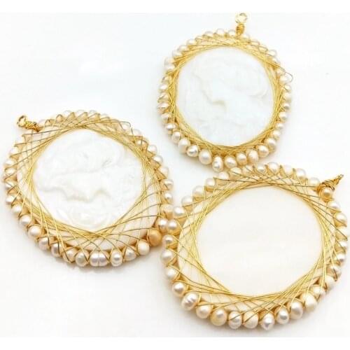 Natural White Cameo Wired Pearl Shell Pendant Wire Wrapped Oval Shape Gems stone Boho Jewelry Jewellery Making Supplies