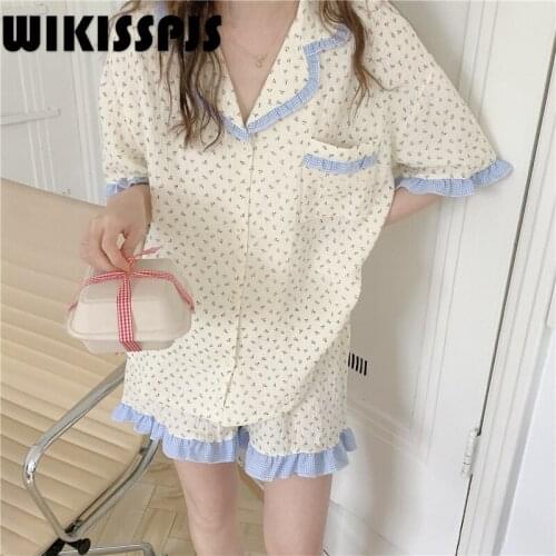 2021 New Ruffles Ruffles Lovely Cardigan Housewear Suit Women Loungewear Pajamas for Teen Girls Two Piece Set Summer sleepwear