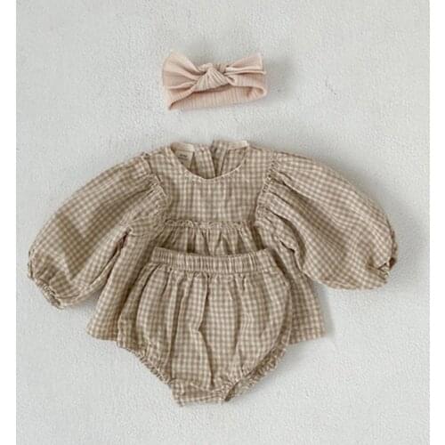 Infant new spring set girl set air plaid bubble sleeve doll top and bag butt pants set boys clothes designer clothes