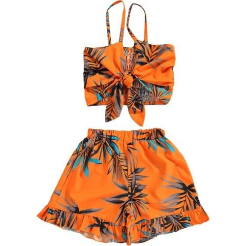 1-5 Years Infant Girl Summer Set Bowknot Sling Summer Tank Tops Orange Leaf Printed Beach Vest Loose Pants Toddler Girls Outfits