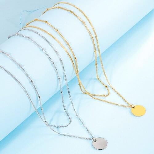 Minar Stainless Steel Double Layered Thin Chain Chokers Necklace for Women Girls Alloy Coin Pendant Necklace Classic Accessories