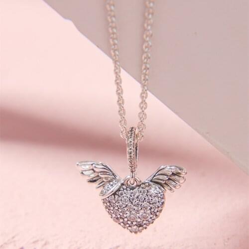 Gift Pave Heart Angel Wings pandora Necklace 925 Sterling Silver Jewelry chain Pendant Necklaces For Woman silver 925 Jewelry