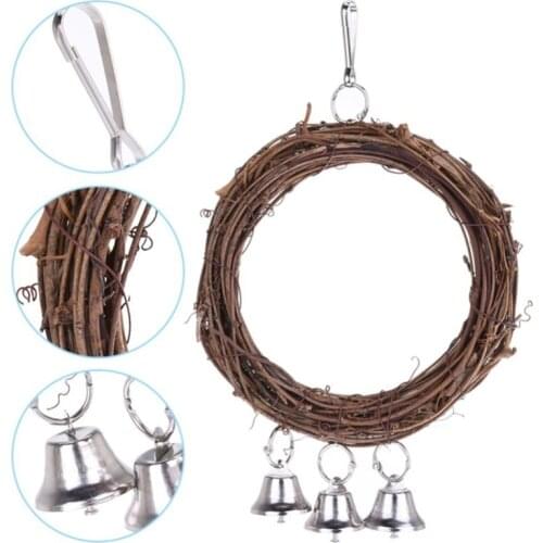 Bird Stand Playing Rack Parrot Toy Wooden Swing Wood Ring Hanging Toys With Bell Bird Accessories Bird Toys Supplies For Bird