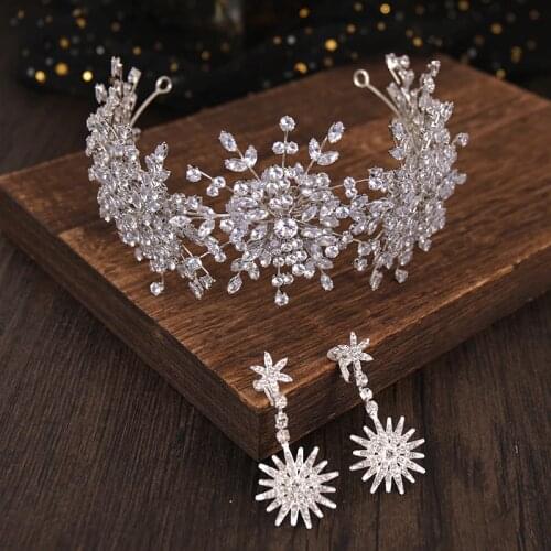 Luxury Silver Color Crystal Tiaras And Crowns With Earrings Elegant Sun Plate Ear Queen Full Rhinestone Wedding Hair Accessories