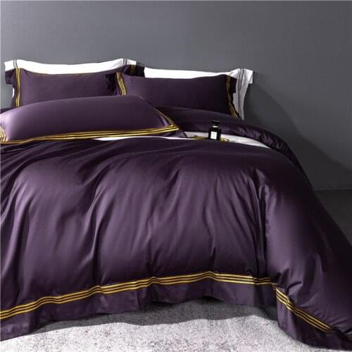 Luxury 600TC Egypt Cotton Purple Bedding Set Gold Stripes Embroidery Home/Hotel Duvet Cover Fitted Bed Sheet Linen Pillowcases