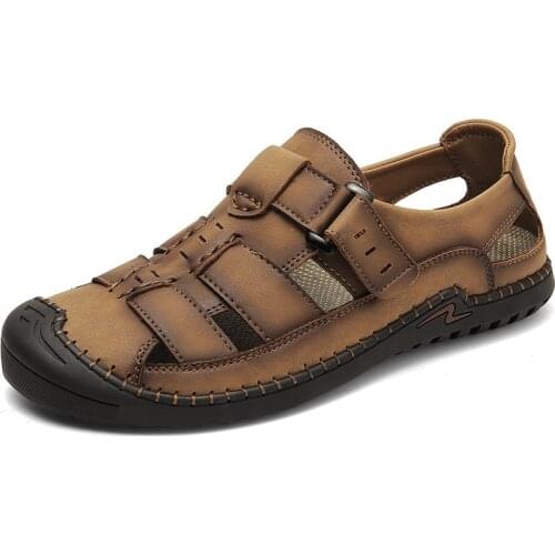 Mens sandals beach shoes summer leather surface outdoor sports and casual large size cross-border handmade hole shoes H449