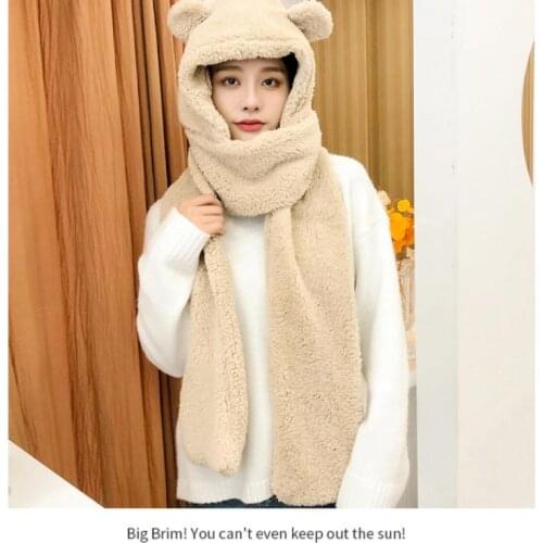 Women Girls Cute Bear Scarf Thick Warm Ear Winter Cap Ear integrated warm hat Beanie Winter Hats