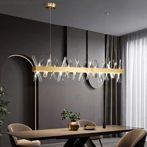 New Modern Crystal Chandelier For Dining Room Single Rectangle Suspension Wire Kitchen Island Bar Lighting Fixture LED Home Lamp