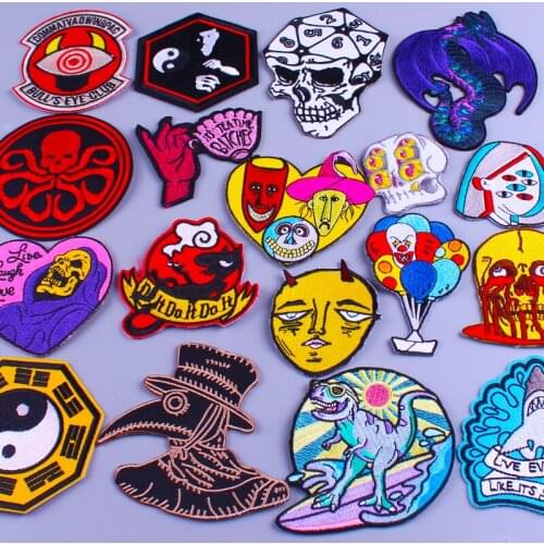 Hippie Skull Iron On Patches For Clothes Punk Patches On Clothes DIY Applique Funny Joker Embroidery Patch Stripes Rock Patches