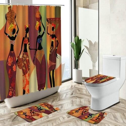 African Indigenous Women Shower Curtain Ancient Egyptian Ethnic Culture Home Bathroom Non-Slip Carpet Toilet Cover Floor Mat Set
