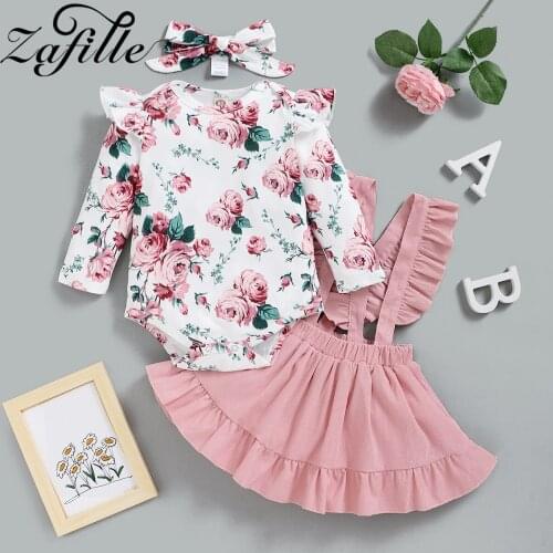 ZAFILLE Flroal Baby Girl Clothes Set Winter Pink Rose Bodysuit Romper+Suspenderr Skirts+Headband Toddler Kids Clothes Girl Dress