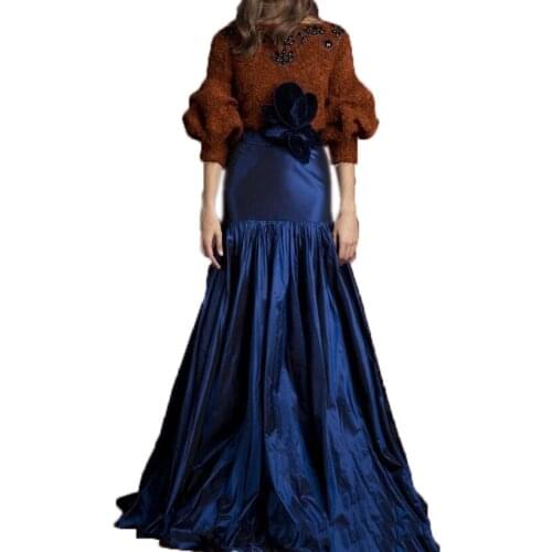 2017 Chic High End Navy Blue Taffeta Mermaid Skirts For Fashion Lady Autumn Winter With Flower Sash Custom Made Maxi Skirt