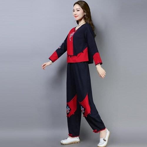 National Style Pants Sets Womens 2020 Autumn Cotton Linen T-shirt+Bloomers Two-piece Embroidered Long-sleeved Pants Suit Q210
