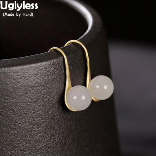 Uglyless Simple Fashion Jade Light Bulb Earrings for Women Natural Hetian Jade Ball Drop Earrings 925 Sterling Silver Fine Jewel