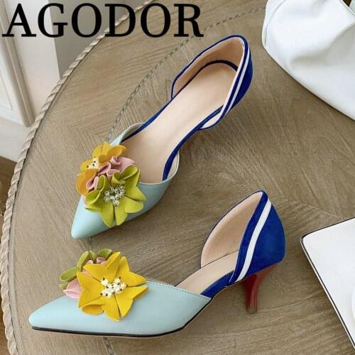 AGODOR 2021 Women Mixcolor Dorsay Pumps Kitten Heel Pointed Toe Pumps Women Shoes High Heels Flower Pumps Slip on Floral Pumps