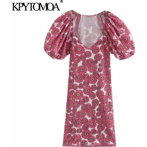 KPYTOMOA Women 2021 Fashion Floral Print Smocked Elastic Mini Dress Vintage V Neck Lantern Sleeve Female Dresses Vestidos Mujer