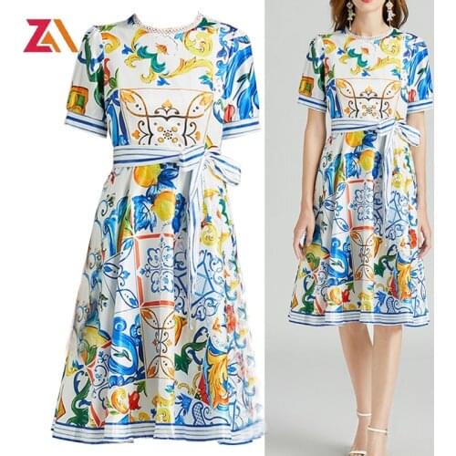 ZALady milan catwalk runway summer womens fashion party midi dress travel boho beach vintage printed short sleeve elegant dress