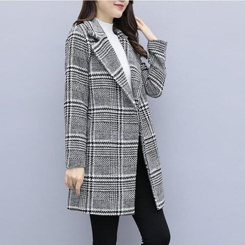 2020 New Woolen Coat Women Autumn Winter Mid-Long Suit Collar Plaid Slim Blended Woolen Casual Jacket Outerwear Female AA15