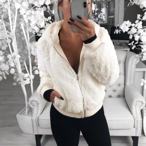 Winter Faux Mink Fur Coat Long Lantern Sleeve Women Hooded Zipper Warm Fur Flocking Cardigan Tops Fluffy Short Jacket With Hat