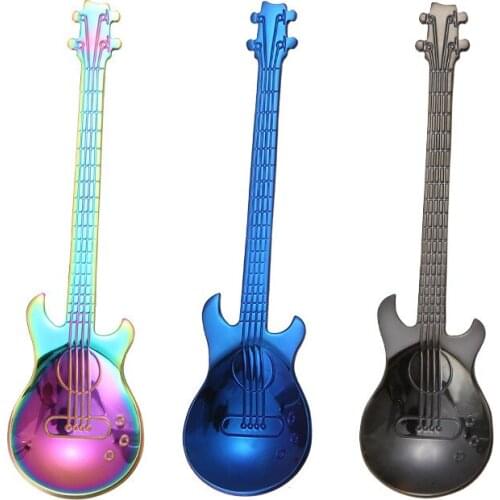 1PC Stainless Steel Cartoon Guitar Spoon Gold Silver Rose Gold Creative Milk Coffee Spoon Ice Cream Candy Teaspoon Accessories