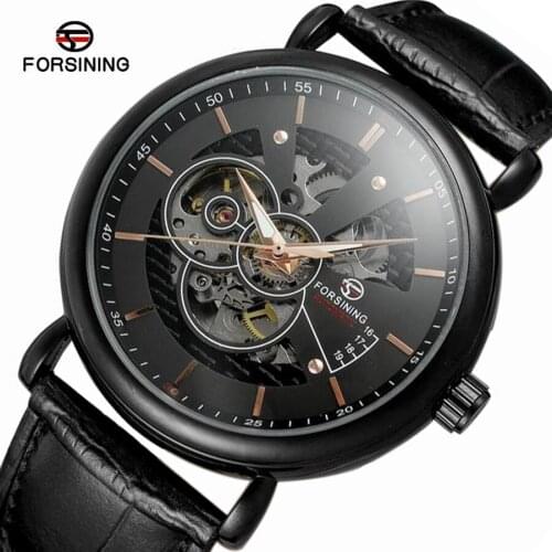2017 New Forsining Transparent Case Series Genuine Leather Strap Fashion Skeleton Design Men Automatic Watches Top Brand Luxury