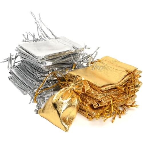 50Pcs Gold & Silver Color Organza Drawstring Jewelry Bag 5.5x7cm,Party New Year Christmas/Wedding Gift Bags Pouches Organza Bags