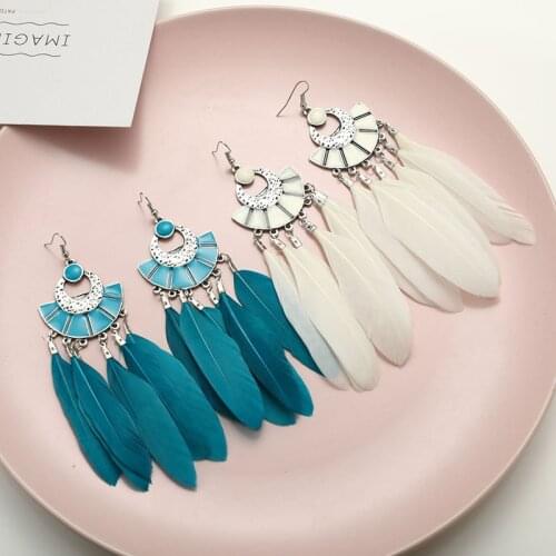 Bohemian Feather Tassel Earrings for Women Vintage Geometric Long Fan Shaped Drop Dangle Charm Earrings Party Jewelry Brincos