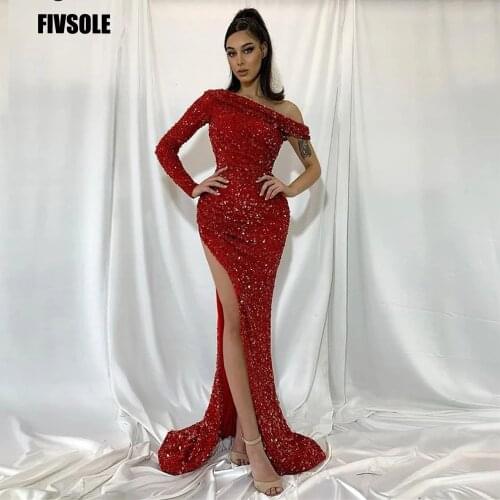 Fivsole High Neck Sparkly Formal Evening Dresses Dubai Beaded Prom Dress Long Sleeve Party Gowns High Split Robe De Soiree