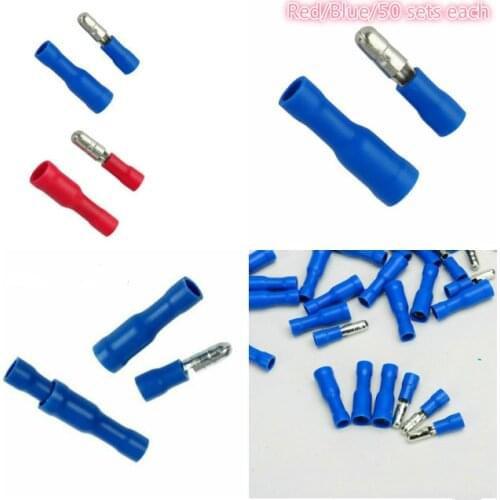 Hot Red/Blue/50 sets eachplug-in male + female connector bullet crimp terminal wiring insulation Bullet terminal
