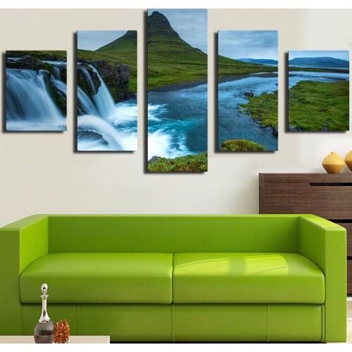 5 Pieces Beautiful Iceland Waterfall Hills River Landscape Picture Modern Home Decor Print Canvas Painting Unframed