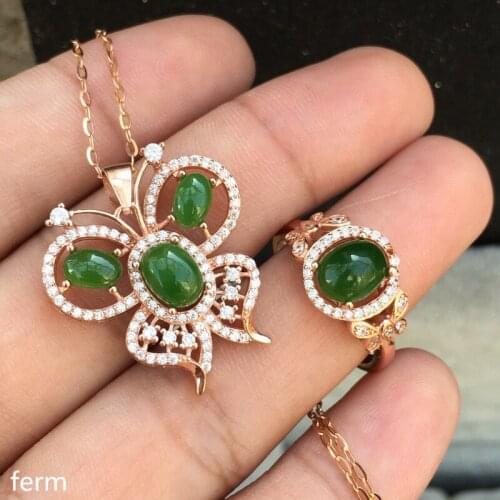 KJJEAXCMY boutique jewels 925 sterling silver inlaid with natural jasper butterfly pendant ring 2 sets new lotus leaf olive luck