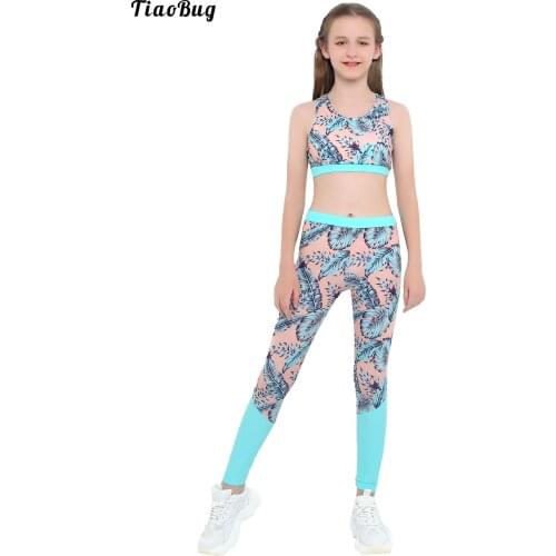 TiaoBug Summer Kids Girls 2Pcs Sport Yoga Suits Floral Printed Sleeveless Racer Back Crop Tank Top With Low Waist Leggings Sets