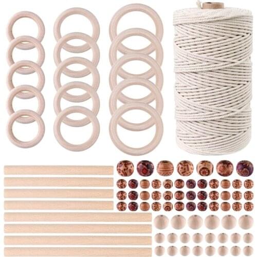 3mm Natural Macrame Cord with 140Pcs Wood Beads 8Pcs Wooden Stick and 20Pcs Wood Ring for Crafts DIY Plant Hangers Retail
