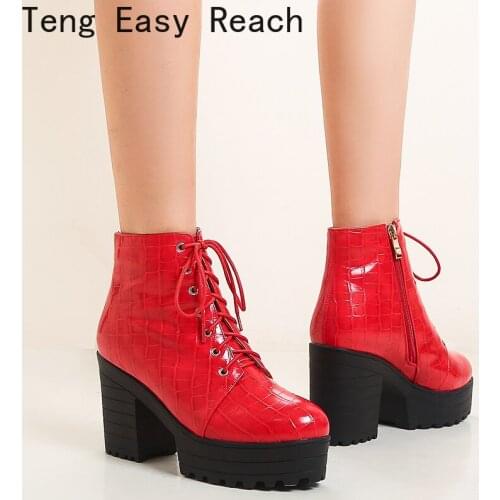 New Style Short Boots Womens Thick High-heeled White Lace-up Check British Style Waterproof Platform Boots Women Botas Mujer 37