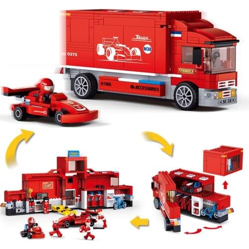 New Sluban F1 Truck Racing Transporter Car Combination Model Building Blocks Figures Educational Toys Vehicle For Children Gifts