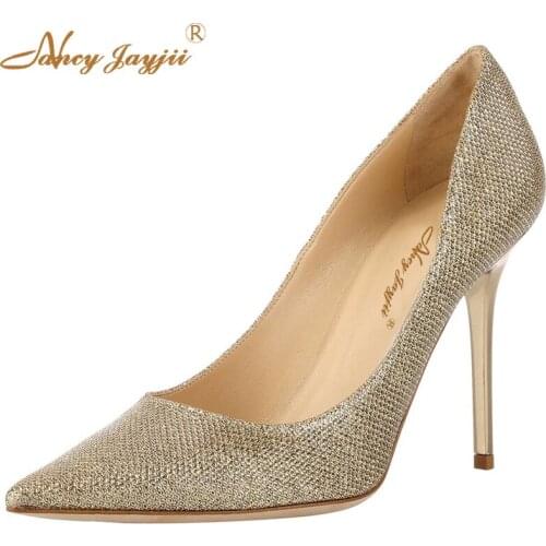 Gold Stiletto High Heels Sexy Pumps Genuine Leather Zapatos Point ToeShoes For Woman Casual&Party&Wedding Large size 4-16 Women