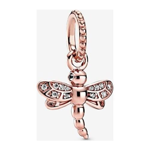 Sparkling Dragonfly Pendant Charm 925 Sterling Silver Rose Gold Beads Fit Original Bracelet DIY Jewelry Making