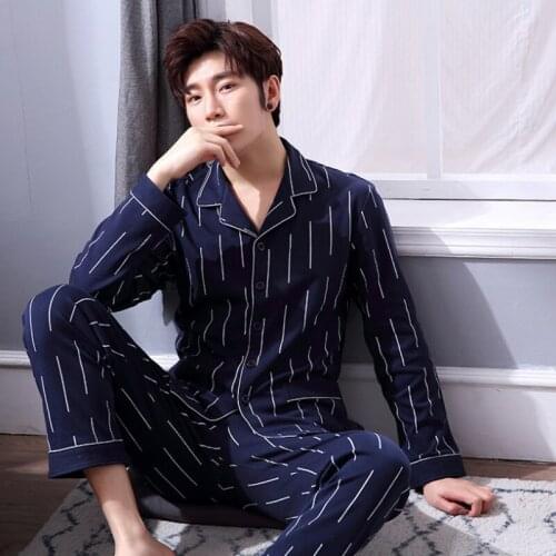 Striped Cotton Mens Long Sleeve Pyjamas Set Spring Turn Down Blue Male Nightwear Pants Pajama Sets 2021 Korean Sleepwear Suits