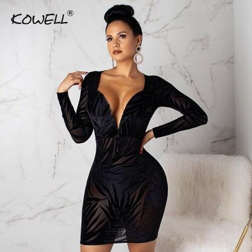 Sexy Perspective Long Sleeve Black Lace Party Dress Bodycon Deep V Neck Mini Dress Package Hips Club Dresses Woman Party Night