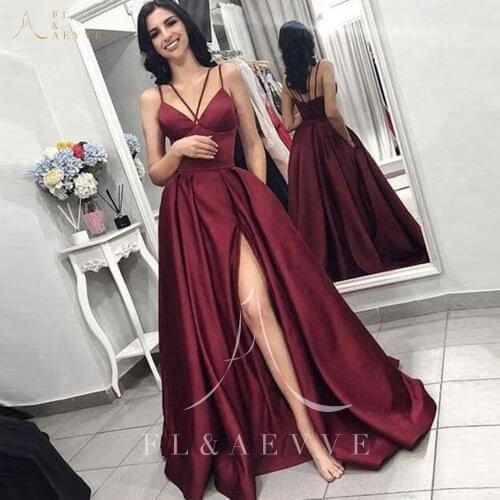 Sexy Burgundy Satin Spaghetti Straps Evening Dresses Sleeveless A-Line Prom Party Gowns Backless Side Split Dress Plus Size