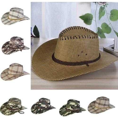 Summer Fashion Men Solid Straw Western Cowboy Hat With Rope Wide Curling Brim Cap Chin Strap Beach Sun Hats UV Protection