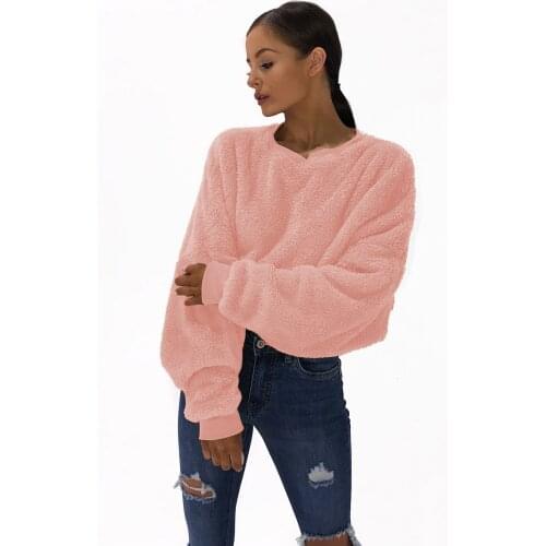 Round Neck Loose Long Sleeve Short Wool Pullovers Black Grey Pink Sweatshirt