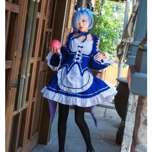 Re Zero Ram Rem cosplay costume devil demon suits female Apron dress Maid Halloween dresses Anime clothes Full set outfit cos