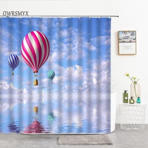 Hot Air Balloon Flying In The Sky Scenery Shower Curtains Bath Curtain Childrens Room Decor Background Wall Bathroom Products