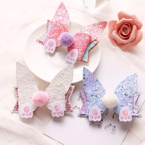 Boutique ins 15pcs Fashion Cute Glitter Rabbit Ears Bowknot Hairpins Pom Pom Animal Ears Bow Hair Clips Easter Princess Headwear