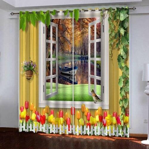 Modern 3D Curtains Beautiful scenery outside fashionable doors and window Kitchen living room Curtains Blackout Curtain