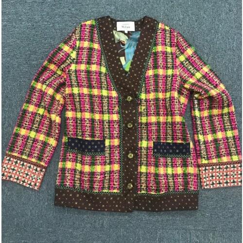 Spring Autumn Chic womens Vintage loose V-neck plaid tweed coat high qualuty women jackets C313