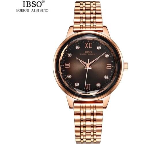 IBSO Brand Womens Quartz Watches Fashion Luxury Round Rhinestone Rose Gold Watch for Ladies Stainless Steel Clock Montre Femme