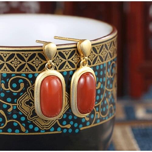 S925 Sterling Silver Gold-Plated Inlaid Natural Southern Red Agate Temperament Ladies Short Oval Earrings Jewelry