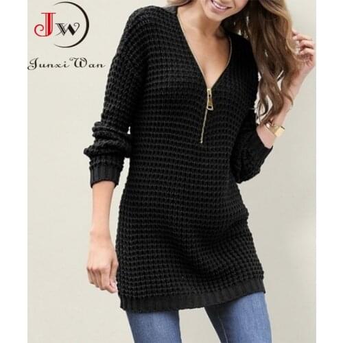 Women Long Sweater V Neck Zipper Oversized Dress Warm Autumn Winter Clothes Knitwear 3XL Plus Size Pullover Jumper